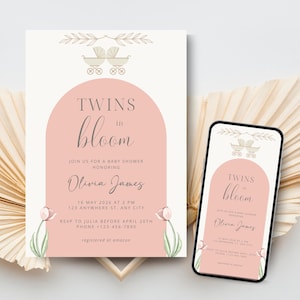TWINS in Bloom Baby Shower Invitation Pink Spring, Twin Girls Baby Shower Invite Floral Wildflower Baby Stroller Printable Editable Template