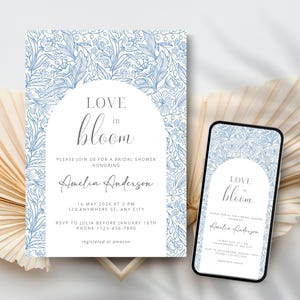Blue Floral Bridal Shower Invitation Template, Love In Bloom, Floral Wedding Shower, Editable, Instant Download, Printable Bridal Invite