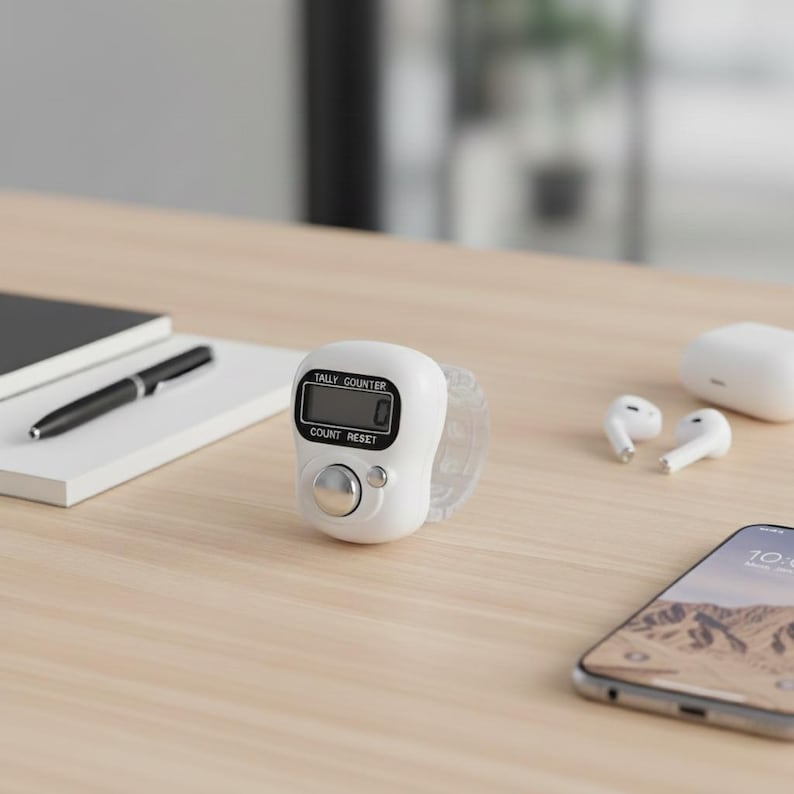 May include: A white tally counter with a digital display showing "0" and the text "TALLY COUNTER" and "COUNT RESET". The counter is on a light wood surface, with a pen, notebook, phone, and earbuds.