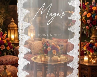 Anpassad Henna Night spetsskylt, Nikkah förlovningsbakgrundsdekor, Henna bruddusch transparent modern elegant bröllop henna välkomstskylt