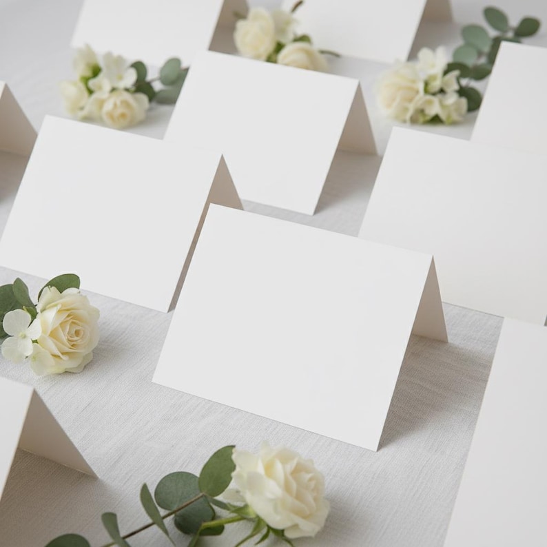 May include: A collection of blank, folded place cards arranged on a light-colored surface, interspersed with small bouquets of white roses and green foliage. The cards are a soft white color, creating a clean and elegant aesthetic, suitable for weddings or events.
