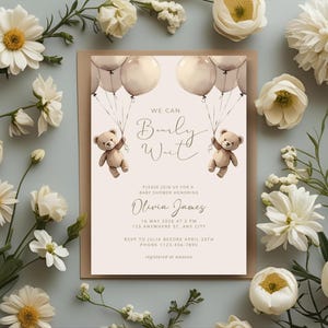 TWINS Teddy Bear Baby Shower Invitation Template, We Can Bearly Wait Baby Shower Invite, Balloons Editable Download, TWIN Gender Neutral