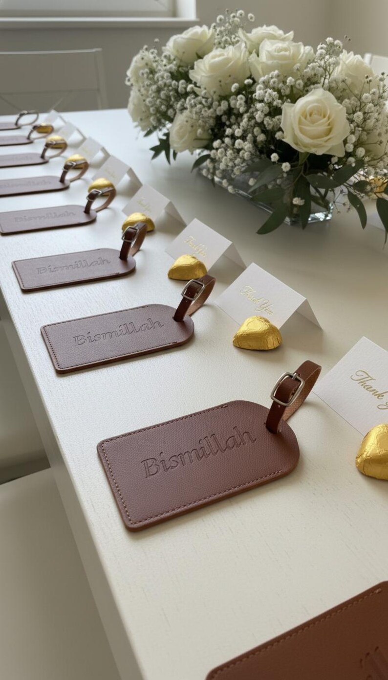 Pu&ograve; includere: Etichette per bagagli in pelle marrone con la scritta "Bismillah" in rilievo sono disposte su una superficie bianca. Sono presenti anche piccoli biglietti bianchi con testo dorato e cioccolatini incartati in oro. Un bouquet di rose bianche e velo da sposa &egrave; sullo sfondo.