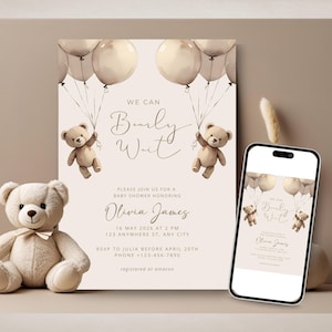TWINS Teddy Bear Baby Shower Invitation Template, We Can Bearly Wait Baby Shower Invite, Balloons Editable Download, TWIN Gender Neutral