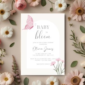 Baby in Bloom Invitation Butterfly Baby Shower Invitation Girl, Pink Purple Butterflies Wildflower Invite Printable Baby in Bloom Shower