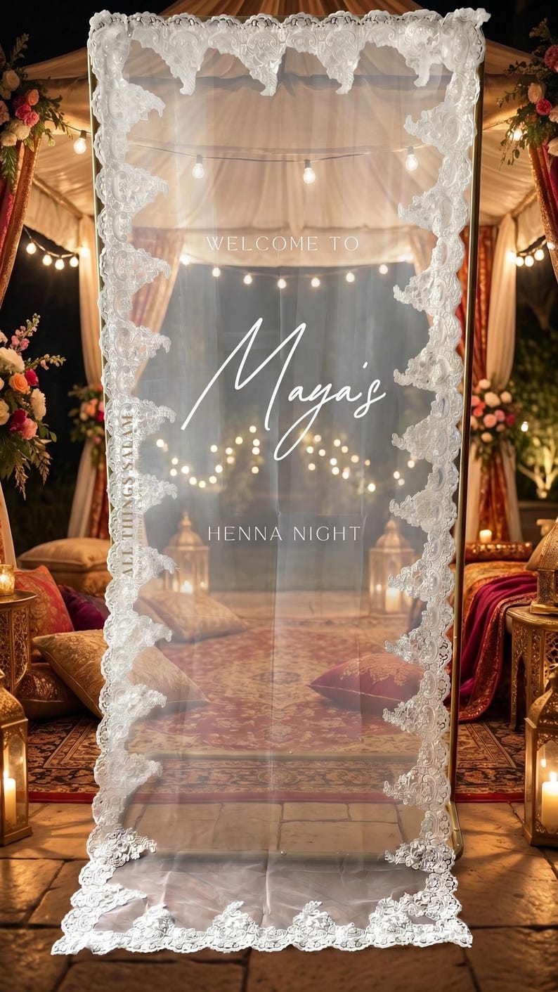 Anpassad Bismillah spets bröllopsskylt, arabisk Nikkah förlovningsbakgrundsdekor, henna brudtärna transparent boho modern elegant bröllopsvälkomstskylt bild 14