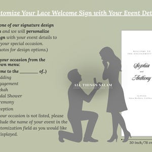 K&ouml;nnte beinhalten: Ein rechteckiges wei&szlig;es Willkommensschild mit schwarzem Text, der Welcome to the engagement of Sophia and Anthony, 05.28.2024, Santa Barbara, California lautet. Das Schild misst 200 cm mal 76 cm und enth&auml;lt Anweisungen zur Personalisierung.
