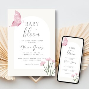 Baby in Bloom Invitation Butterfly Baby Shower Invitation Girl, Pink Purple Butterflies Wildflower Invite Printable Baby in Bloom Shower