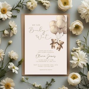 TWINS Teddy Bear Baby Shower Invitation Template, We Can Bearly Wait Baby Shower Invite, Balloons Editable Download, TWIN Gender Neutral