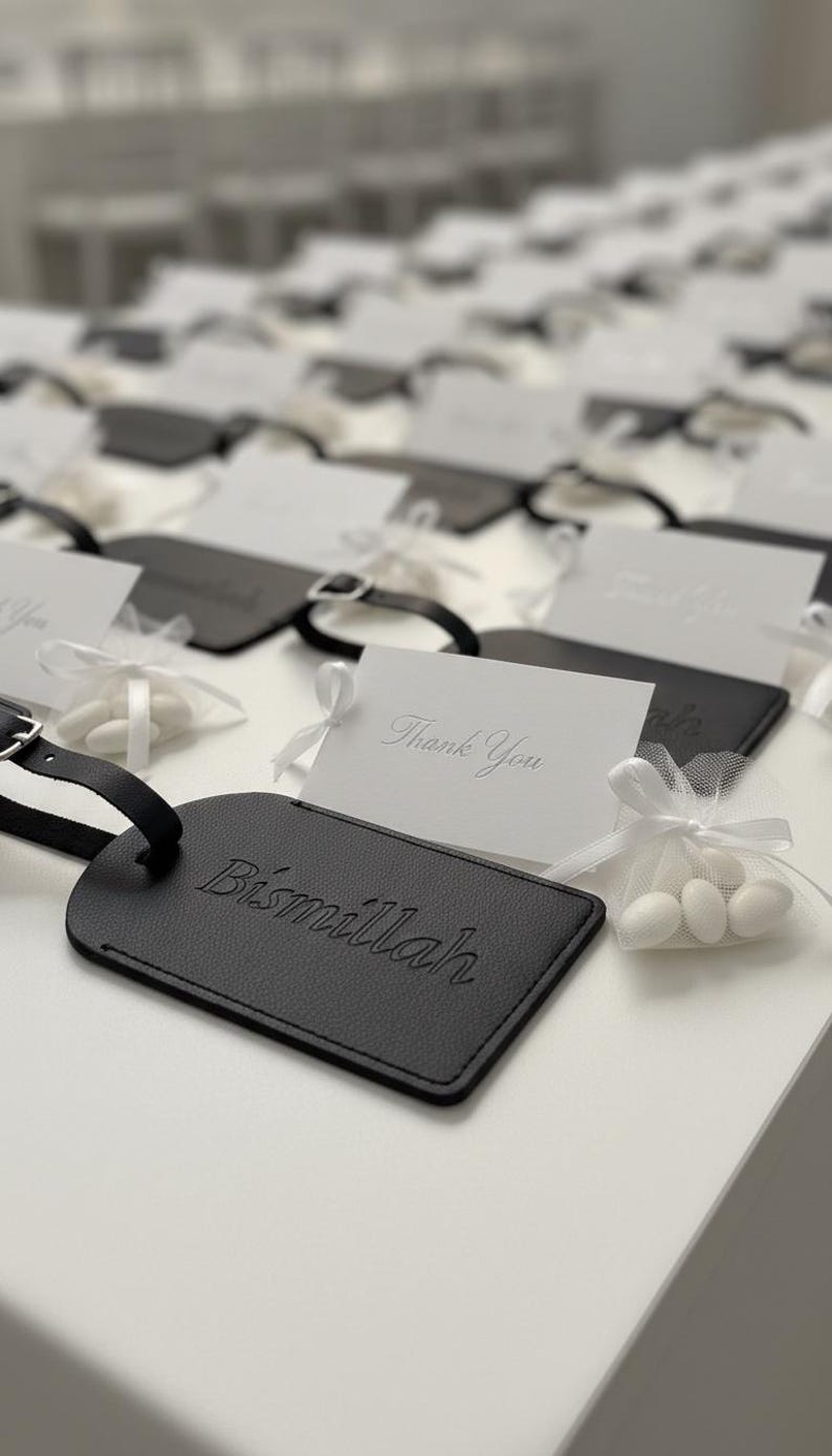 Pu&ograve; includere: Etichette per bagagli nere con la parola "Bismillah" in rilievo, abbinate a biglietti bianchi con "Thank You". Ogni etichetta ha un cinturino nero ed &egrave; presentata con un sacchetto di caramelle bianche, legato con un nastro bianco.