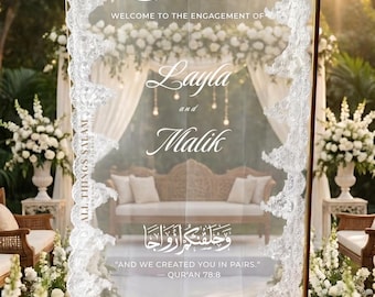 Benutzerdefinierte Bismillah Spitze Verlobungszeichen, Arabisch Nikkah Verlobung Hintergrund Dekor, Henna Braut Schiere Boho Elegante Spitze Hochzeit Willkommensschild