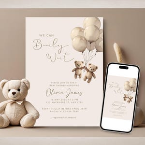 TWINS Teddy Bear Baby Shower Invitation Template, We Can Bearly Wait Baby Shower Invite, Balloons Editable Download, TWIN Gender Neutral
