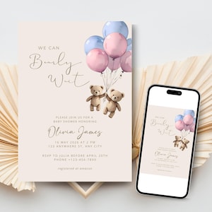 TWINS Teddy Bear Baby Shower Invitation Template, We Can Bearly Wait Baby Shower Invite Pink Blue Balloons Editable Download TWIN Boy & Girl