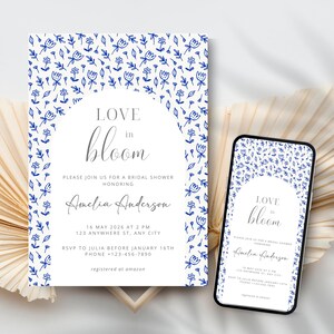 Blue Floral Bridal Shower Invitation Template, Love In Bloom, Floral Wedding Shower, Editable, Instant Download, Printable Bridal Invite