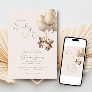 TWINS Teddy Bear Baby Shower Invitation Template, We Can Bearly Wait Baby Shower Invite, Balloons Editable Download, TWIN Gender Neutral