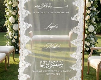 Benutzerdefinierte Islamische Hochzeit Spitze Zeichen, Nikkah Verlobung Hintergrund Dekor, Henna Brautdusche Schiere moderne Elegante Bismillah Hochzeit Willkommensschild