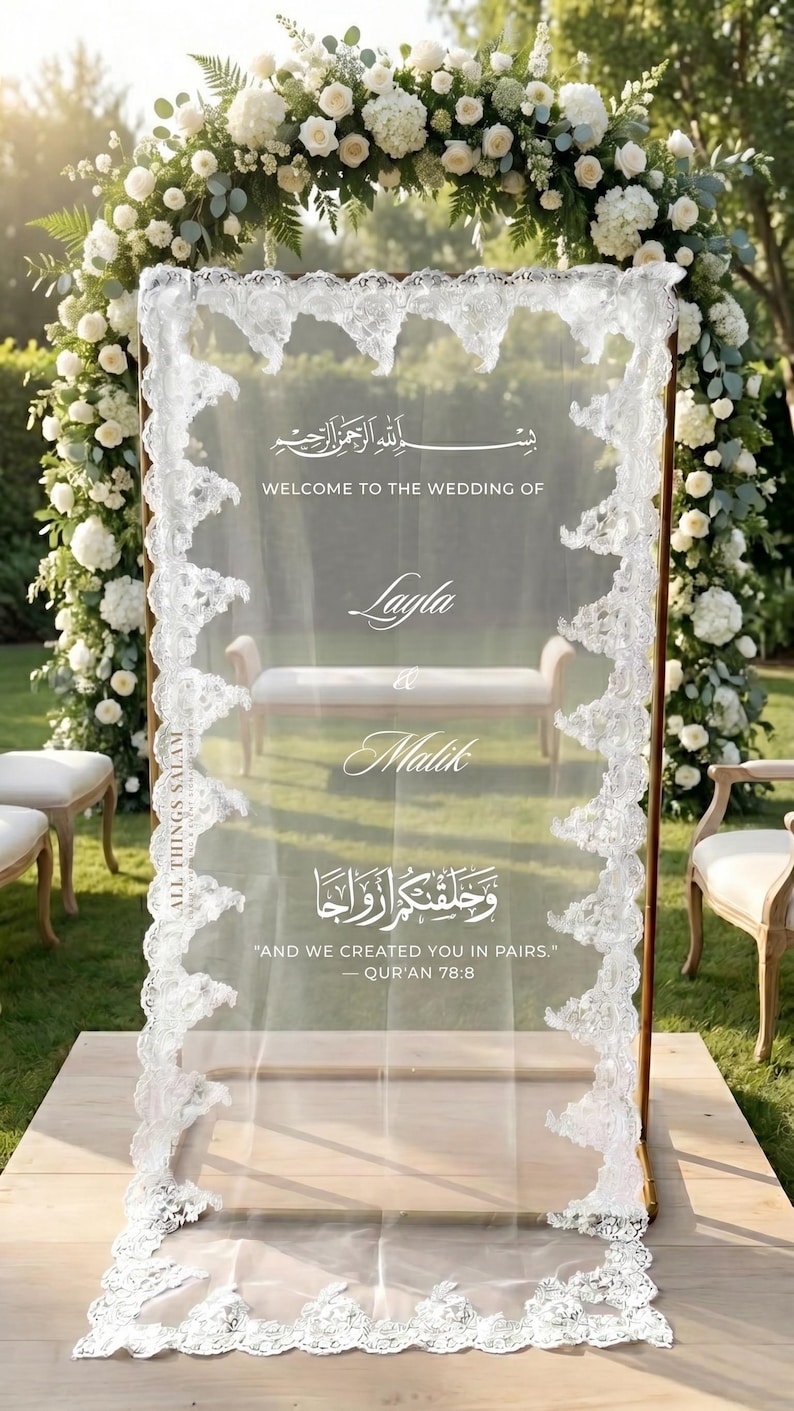 Anpassad Bismillah spets bröllopsskylt, arabisk Nikkah förlovningsbakgrundsdekor, henna brudtärna transparent boho modern elegant bröllopsvälkomstskylt bild 6
