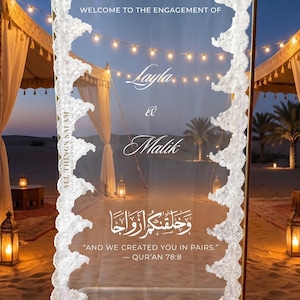 Anpassad Bismillah spets bröllopsskylt, arabisk Nikkah förlovningsbakgrundsdekor, henna brudtärna transparent boho modern elegant bröllopsvälkomstskylt bild 12
