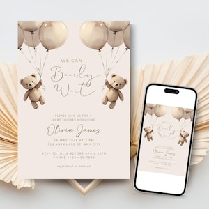 TWINS Teddy Bear Baby Shower Invitation Template, We Can Bearly Wait Baby Shower Invite, Balloons Editable Download, TWIN Gender Neutral