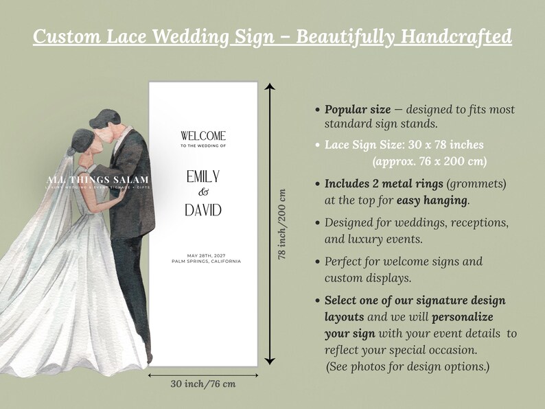 K&ouml;nnte beinhalten: Ein vertikales wei&szlig;es Hochzeitsschild mit einer Aquarellillustration eines Paares und dem Text Welcome to the wedding of Emily & David, May 28th, 2027, Palm Springs, California. Das Schild misst 76 mal 200 cm und enth&auml;lt zwei Metallringe.