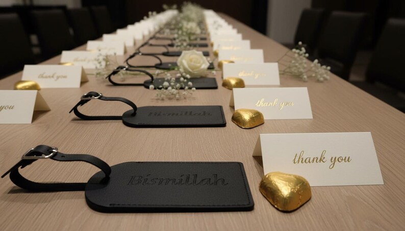 Pu&ograve; includere: Un lungo tavolo di legno apparecchiato per un evento, con etichette per bagagli nere, biglietti bianchi con "grazie" in oro e cioccolatini dorati. Le etichette hanno la parola "Bismillah" in rilievo.