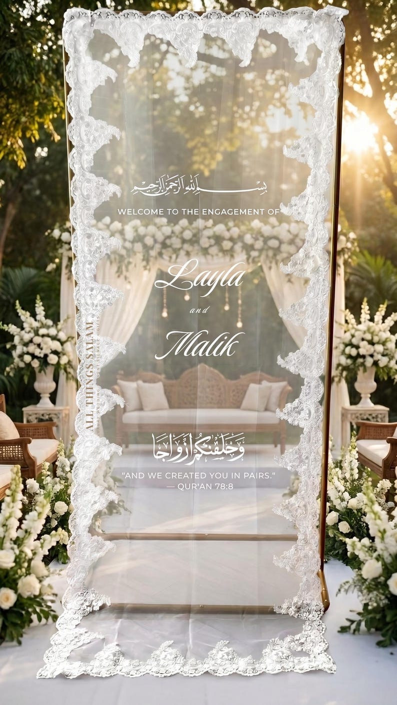Anpassad Bismillah spets bröllopsskylt, arabisk Nikkah förlovningsbakgrundsdekor, henna brudtärna transparent boho modern elegant bröllopsvälkomstskylt bild 9