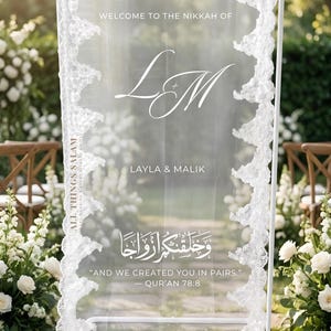 Anpassad Bismillah spets bröllopsskylt, arabisk Nikkah förlovningsbakgrundsdekor, henna brudtärna transparent boho modern elegant bröllopsvälkomstskylt bild 11