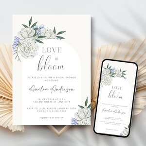 Blue Floral Bridal Shower Invitation Template, Love In Bloom, Floral Wedding Shower, Editable, Instant Download, Printable Bridal Invite