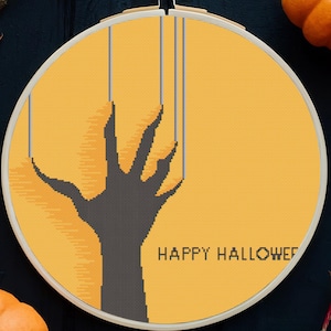 Halloween Hand Cross Stitch Pattern – Creepy Spooky PDF Embroidery Chart – Gothic Hoop & Wall Art