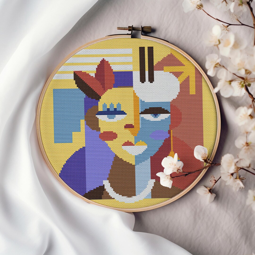 Abstract Faces Cross-stitch Pattern: Modern Line Art (PDF Download ...