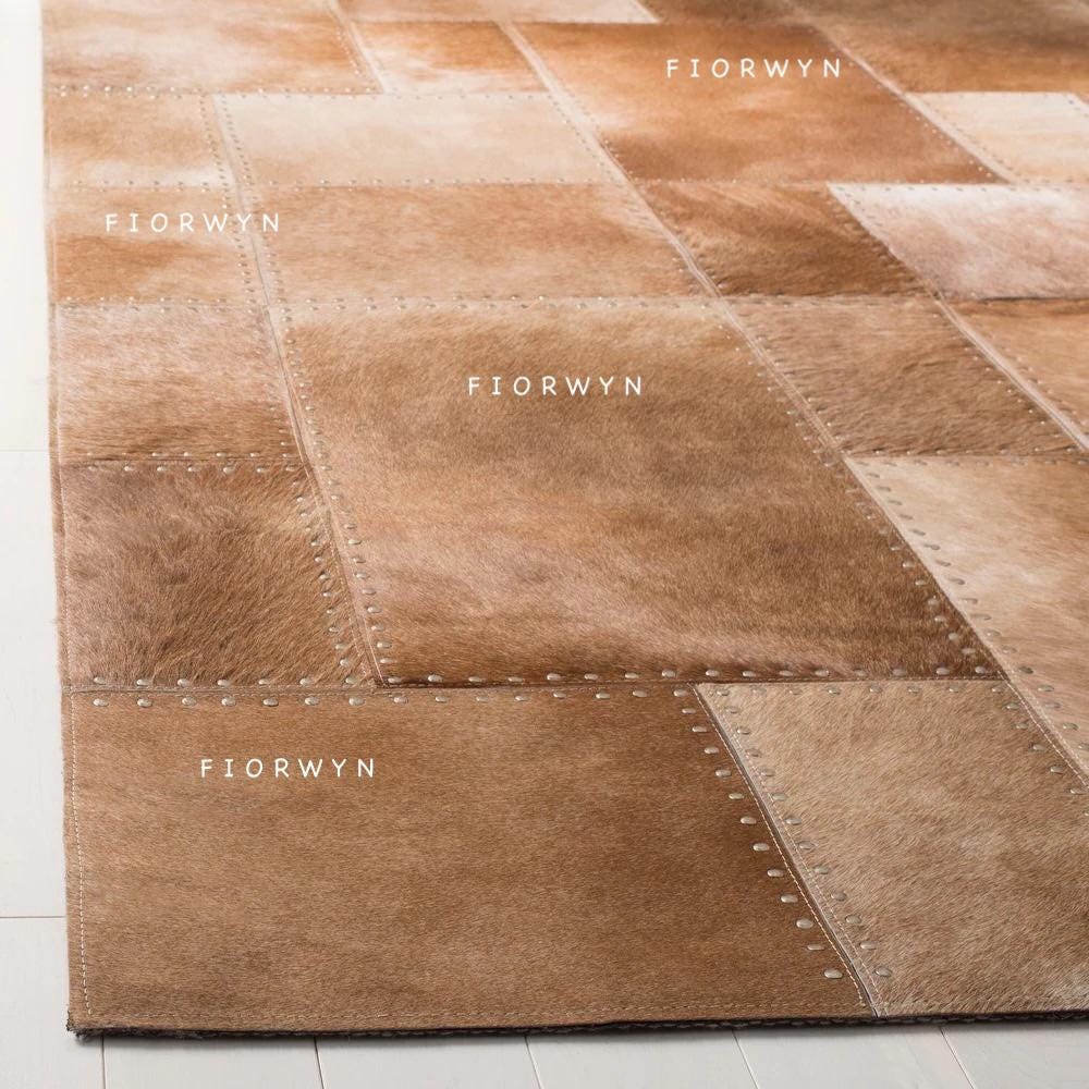 Tan Brown Cowhide Checkered Rug – Cow Hair on Leather Patchwork Carpet ...
