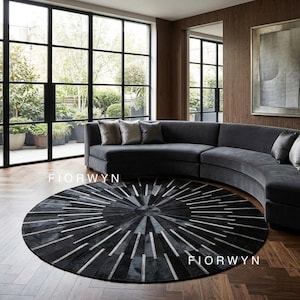 Black Round Cowhide Rug – Handmade Stripes Hair on Leather Patchwork Carpets For Living Room