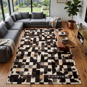Tapete xadrez preto e branco em couro de vaca – Tapete patchwork de couro com pelo de vaca para decoração de sala de estar