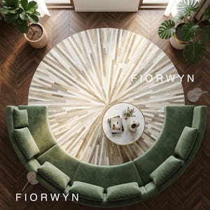 Alfombra redonda de piel de vaca – Alfombra de patchwork de piel de vaca con pelo de vaca color beige con efecto rayos de sol para sala de estar