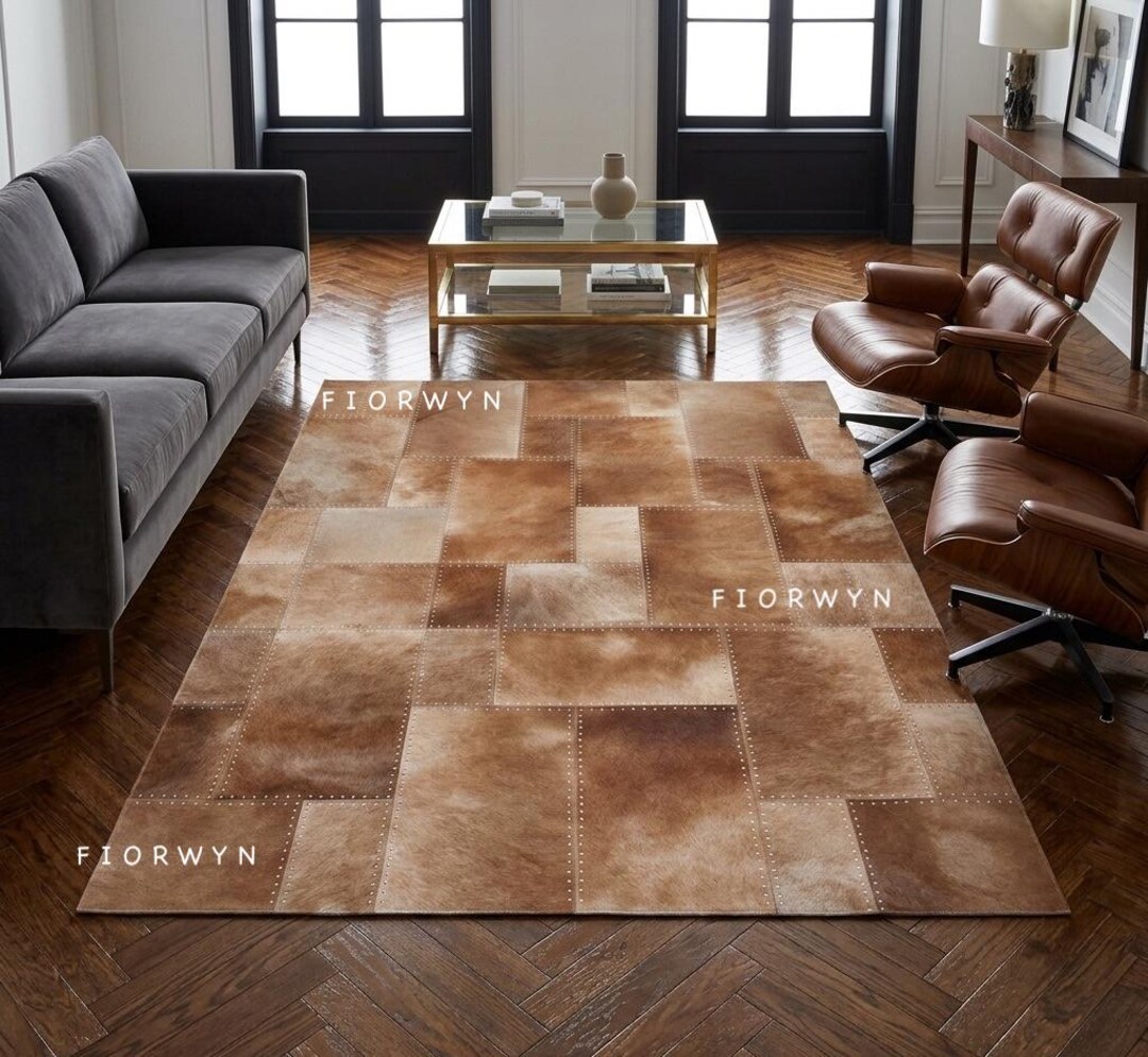Tan Brown Cowhide Checkered Rug – Cow Hair on Leather Patchwork Carpet ...