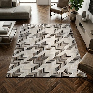 Alfombra de rayas de piel de vaca gris – Alfombra de retazos de piel con pelo de vaca para sala de estar