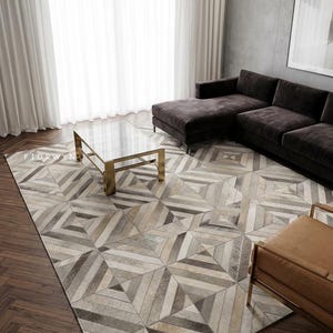 Grey Cowhide Area Rug – Cow Hair on Leather Patchwork Carpet For Living Room Decor