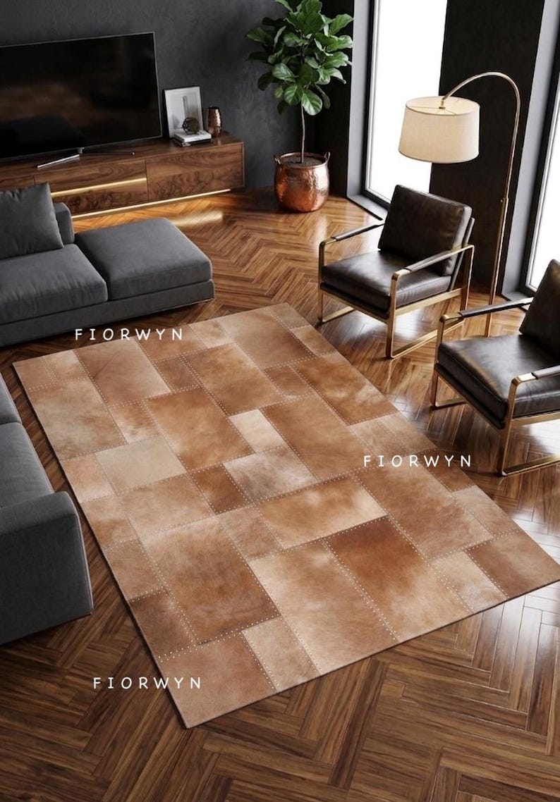 Tan Brown Cowhide Checkered Rug – Cow Hair on Leather Patchwork Carpet ...