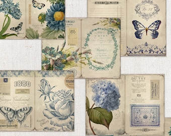 Junk Journal Printable, Vintage blaue Blumen, digitaler Download, botanisch, Florals, Ephemera