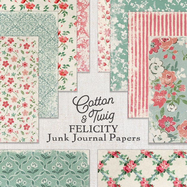 Felicity Shabby Chic, Junk Journal Papers, Digital Download, Printable Papers, Collage Papers, Scrapbooking, Mint, Pink, Roses