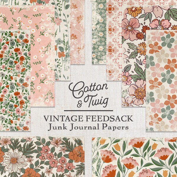 Vintage Feedsack, Digital Papers, Junk Journal Papers, Download, Printable Papers, Collage Papers, Scrapbooking, Floral