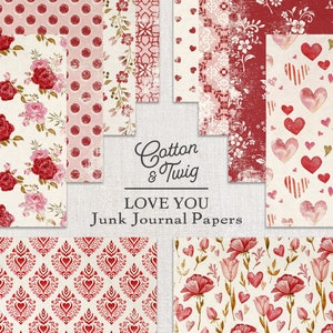 Valentine Papiere, Herzen, Junk Journal Papiere, Download, druckbare Papiere, Collage Papiere, Scrapbooking, Floral, Rot, Pink Bild 1