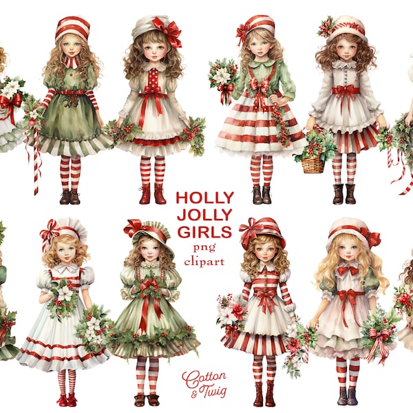 Holly Jolly Girls Clipart, Digital Download, Christmas PNG Files, Junk Journal, Scrapbooking, Embellishments, Planner Graphics