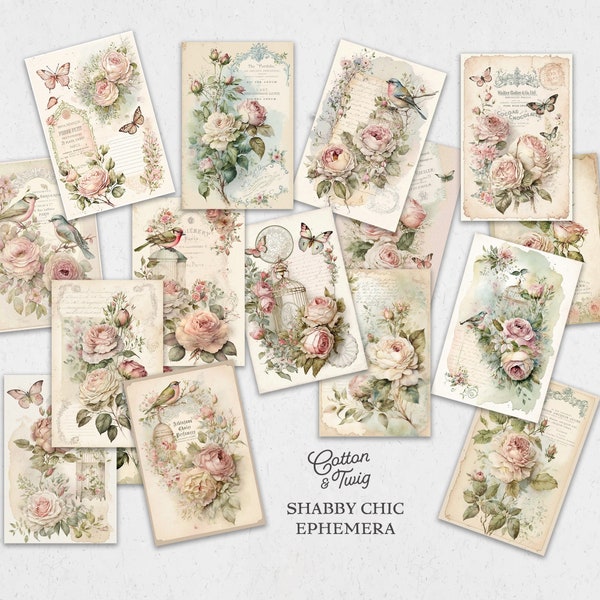 Shabby Chic Ephemera Cards, Junk Journal Tags, Vintage Printable Papers, Scrapbooking, Digital Download, Supplies