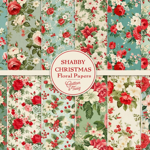 Shabby Christmas Floral Papers, Holiday Junk Journal, Digital Download, Printable Paper, Scrapbooking, Card Making