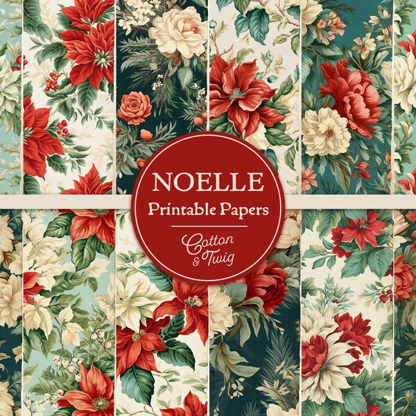 Noelle Floral Junk Journal Papers, Vintage Christmas Floral Wallpaper, Holiday, Digital Download, Printable Paper, Scrapbooking