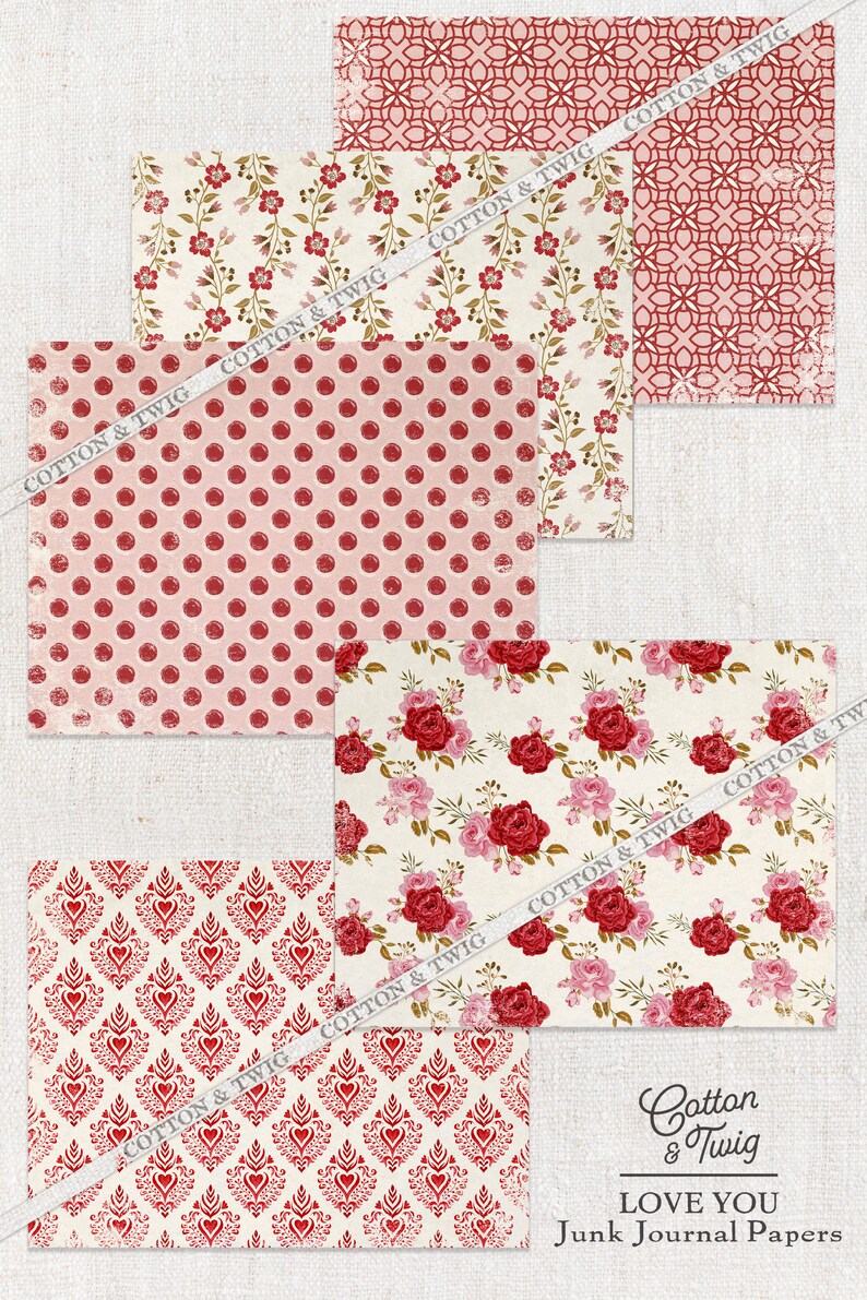 Valentine Papiere, Herzen, Junk Journal Papiere, Download, druckbare Papiere, Collage Papiere, Scrapbooking, Floral, Rot, Pink Bild 2