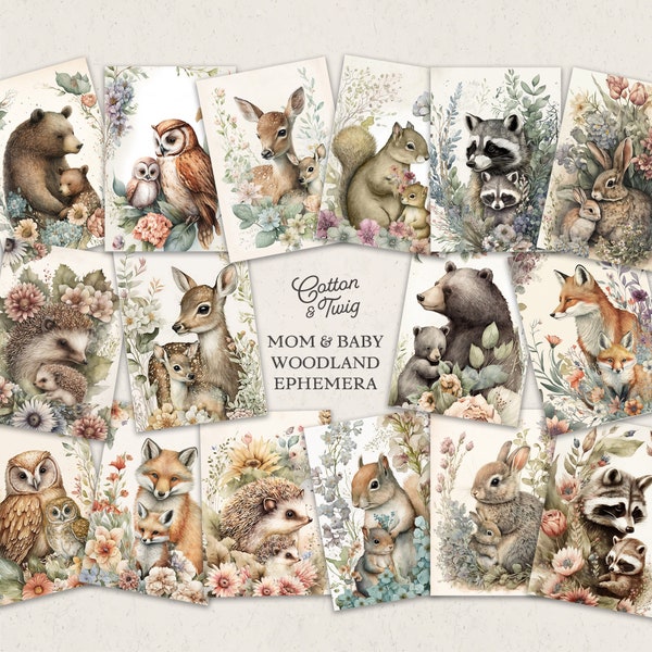 Mom and Baby Woodland Animals Printable Ephemera, Junk Journal Tags, Cards, Scrapbooking, Digital Download, Junk Journal Supplies