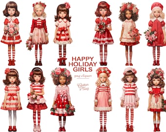 Happy Holiday Girls Clipart, Téléchargement numérique, Fichiers PNG de Noël, Junk Journal, Scrapbooking, Embellissements, Planner Graphics