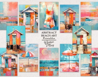 Abstract Beach Art Printables, Junk Journal Ephemera, Art Journaling, Digital Download, Tags, Mixed Media, Coastal, Beach Hut